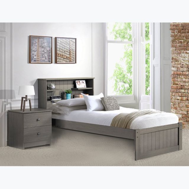 Gray twin bed with drawers top