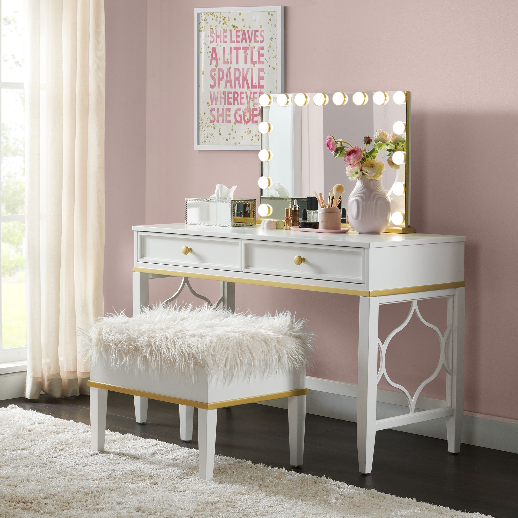 Enid vanity set with deals stool and mirror