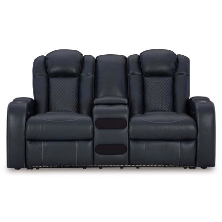 Front view of Fyne-Dyme Blue Power Headrest Reclining Console Loveseat