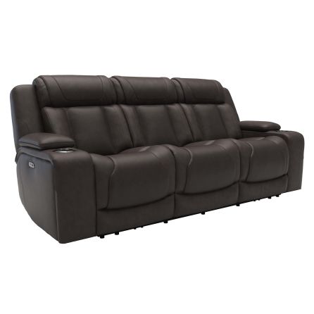 Front view of Boston Charcoal Zero Gravity Power Headrest Reclining Sofa with Drop Down Table