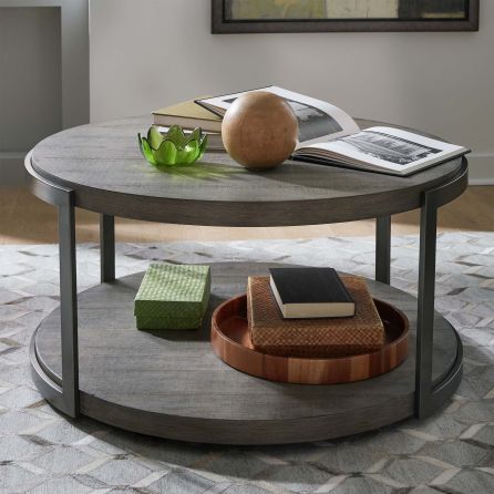 Front view of Modern View round cocktail table in home