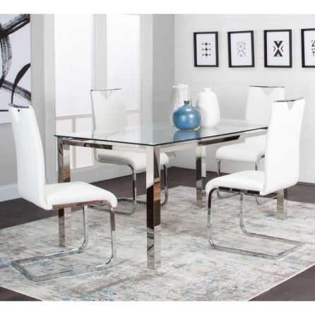 Skyline 5 Piece Dining Set (Glass Table with 4 White Side Chairs)