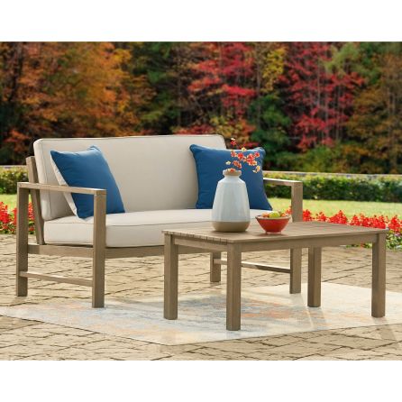 Fynnegan Light Brown Loveseat Set with Outdoor Table