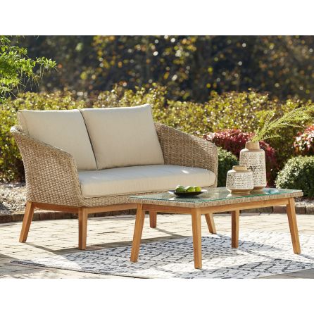 Crystal Cave Beige Outdoor Loveseat with Table Set