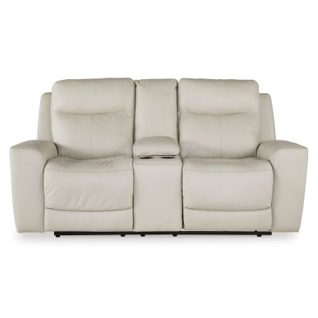 Front view of Mindana Coconut Power Headrest Reclining Console Loveseat