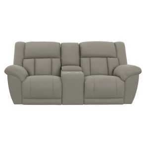 Front view of Sentinel Smoke Power Layflat Reclining Console Loveseat