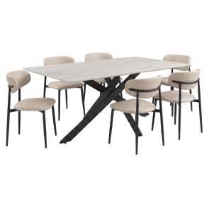 Fossil 7 Piece Dining Set: Stone Table & 6 Lily Pearl Side Chairs