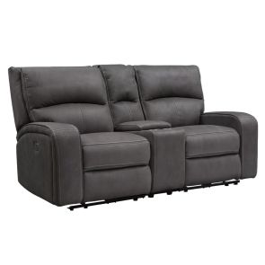 Front view of Benson Slate Grey Power Headrest Reclining Console Loveseat