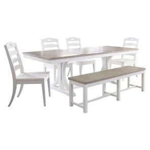 Angled front view of Cora 6 Piece Dining Set: Trestle Table/4 Ladderback Side Chairs/Bench