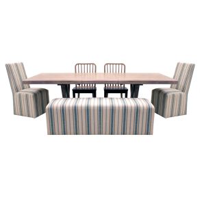 Front view of Coronado Trestle Table w/2 Wood Chairs, 2 Upholstered Chairs & Bench