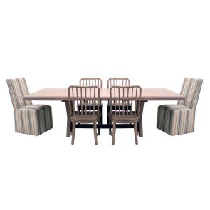 Front view of Coronado Trestle Table w/ 4 Wood Side Chairs and 2 Striped Upholstered Side Chairs