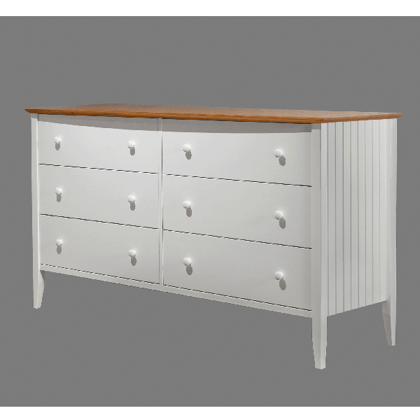 Coastal 6 Drawer Dresser Bernie, White Dresser With Natural Wood Drawers
