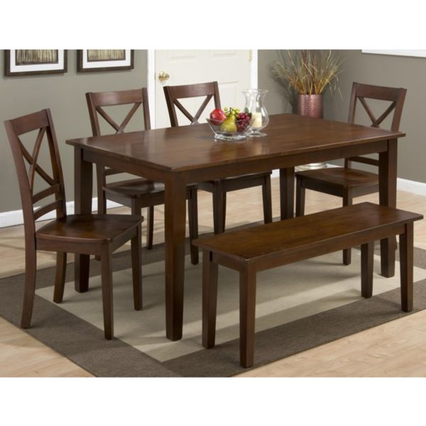 Simplicity Caramel 6 Piece Dining Set, Dining Room Table With Chairs And Bench Back